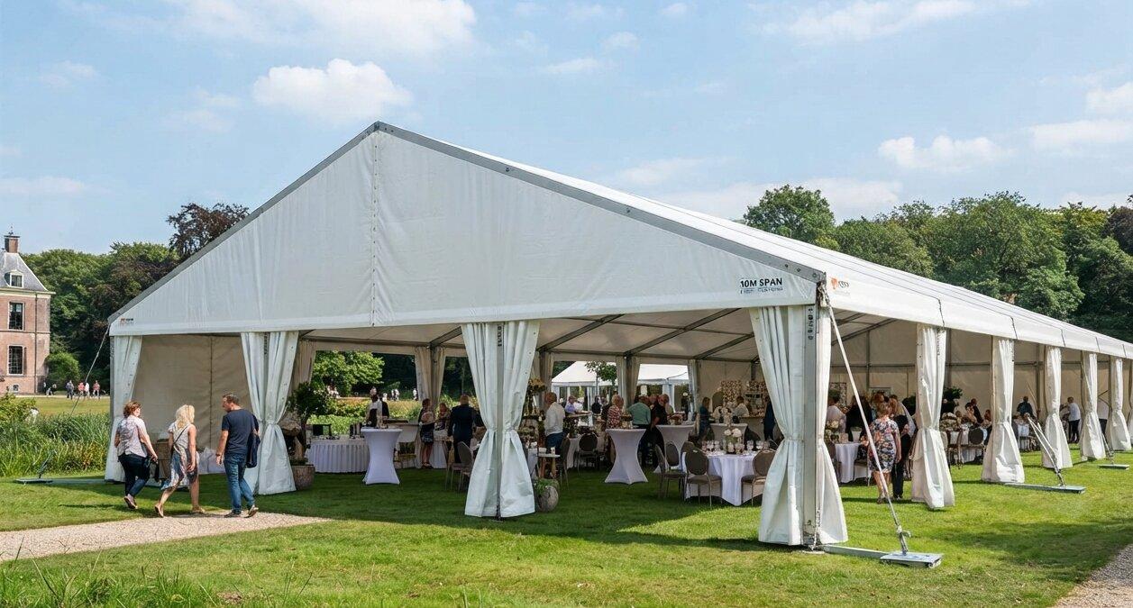 Kadertent met 10m vrije overspanning te huur – modulair van 10×4m tot 10×24m